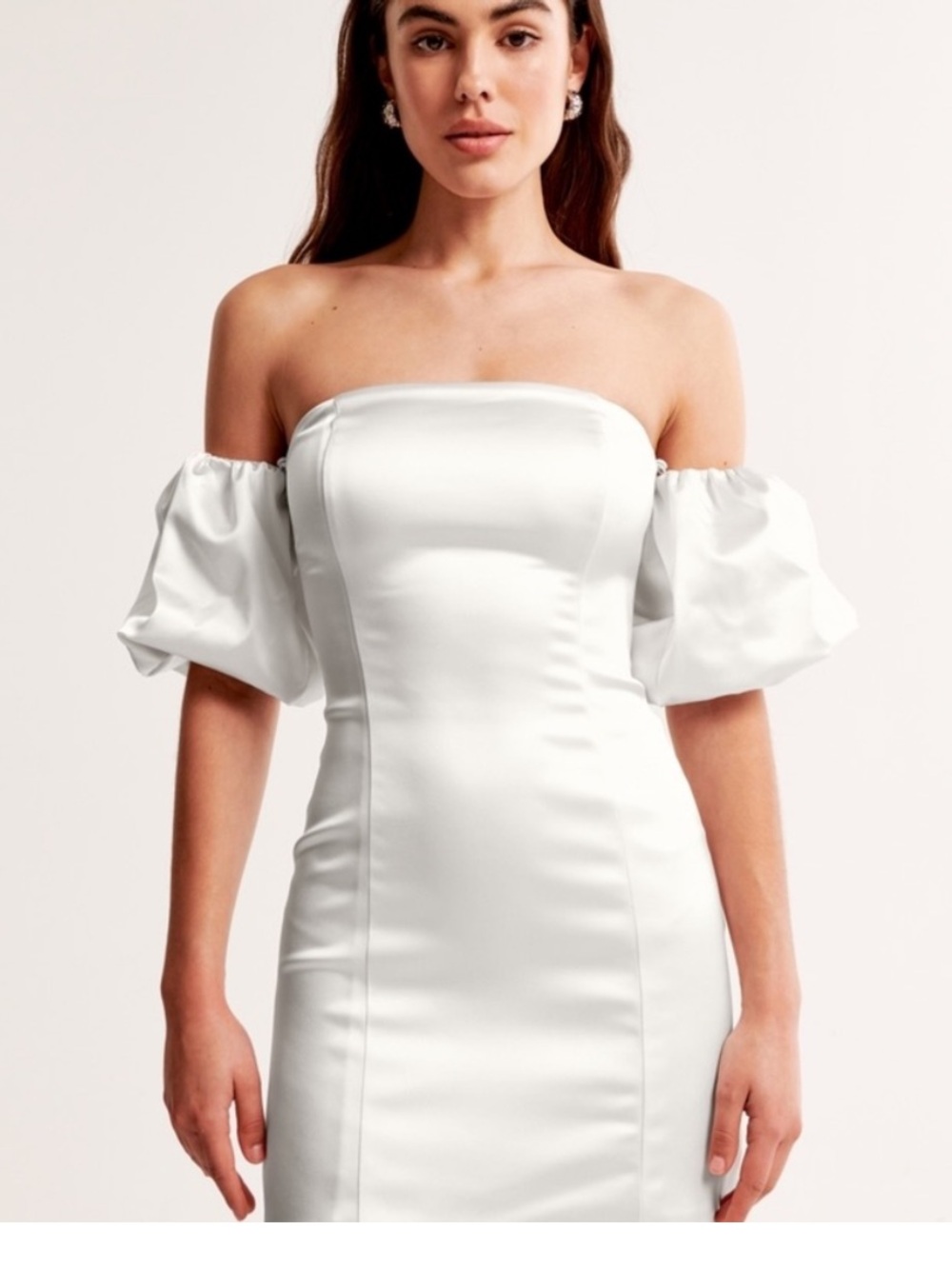 Off-Shoulder White Satin Cocktail Dress with Puff Sleeves, size L, NWT